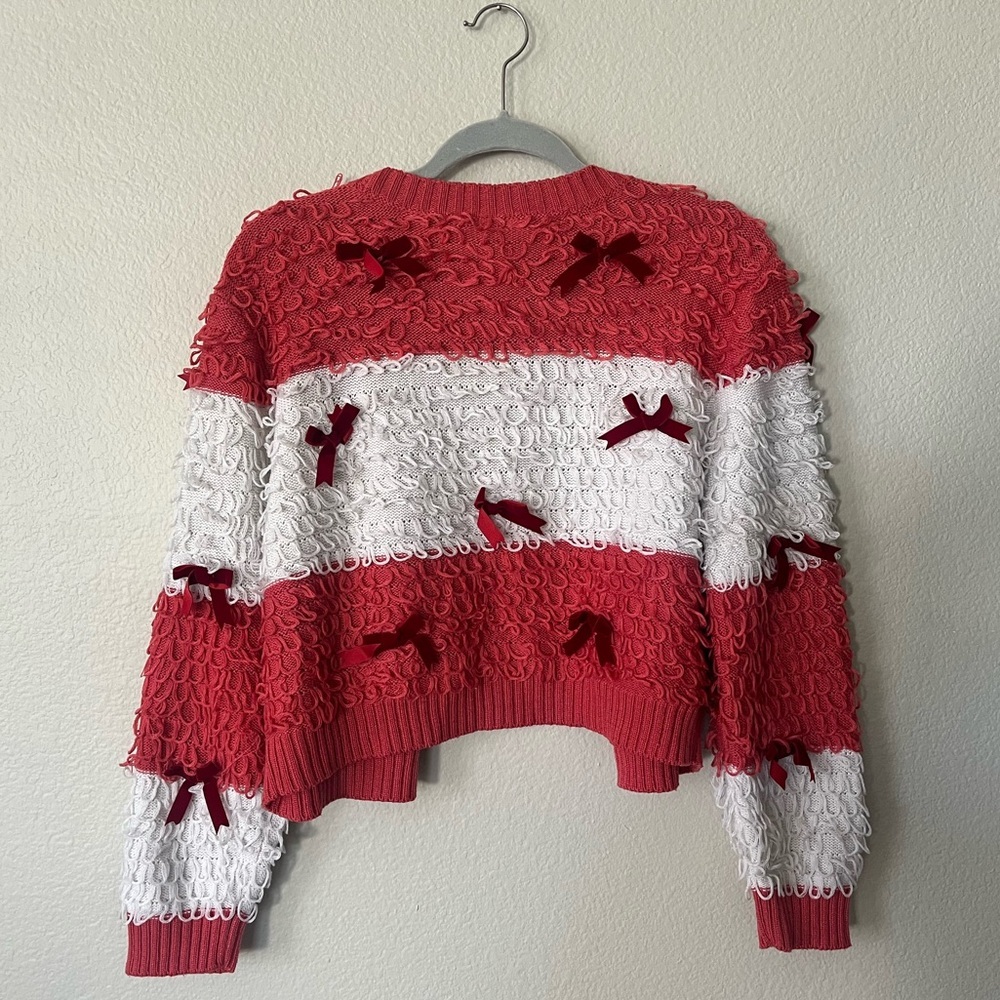 Mighty Fine Striped Red & White Bow Cardigan Sweater Women’s Size L - Picture 5 of 15